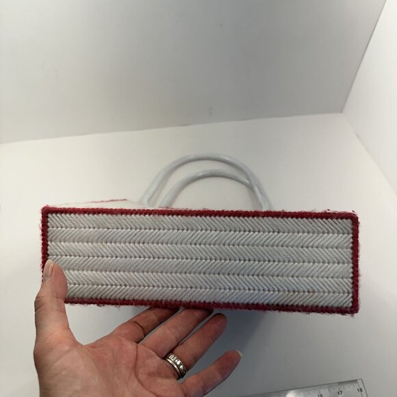 Vtg Floral Needlepoint Handbag White Plastic Handles Handmade Pink Pansy Pansies - Picture 5 of 8